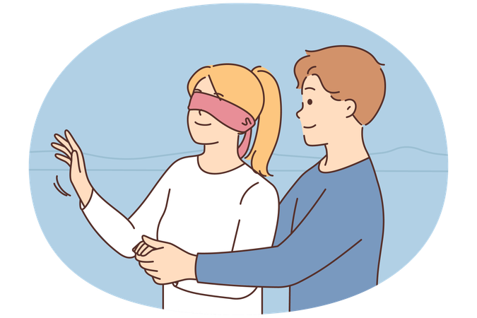 Mann mit verbundenen Augen Frau macht Überraschung  Illustration
