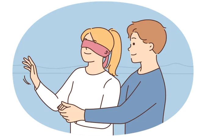 Mann mit verbundenen Augen Frau macht Überraschung  Illustration