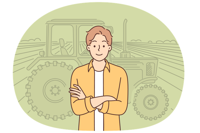 Ein Bauer steht zur Ernte auf einem Feld neben einem Traktor und blickt mit verschränkten Armen in die Kamera  Illustration