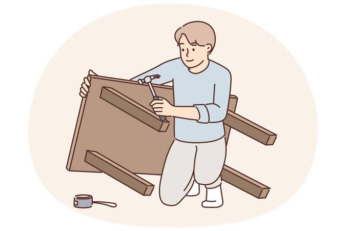 Mann baut Tisch zusammen, nachdem er ihn im Möbelhaus gekauft hat, und repariert DIY-Holzschreibtisch für die Küche  Illustration