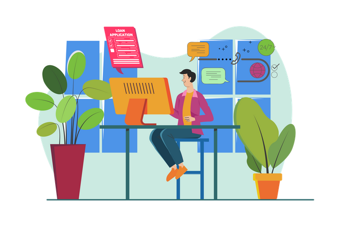 Mann beantragt mit einem Laptop einen Kredit  Illustration