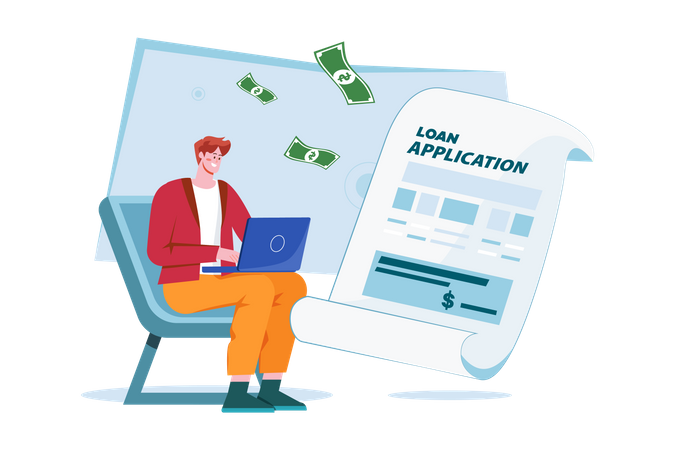 Mann beantragt mit einem Laptop einen Kredit  Illustration