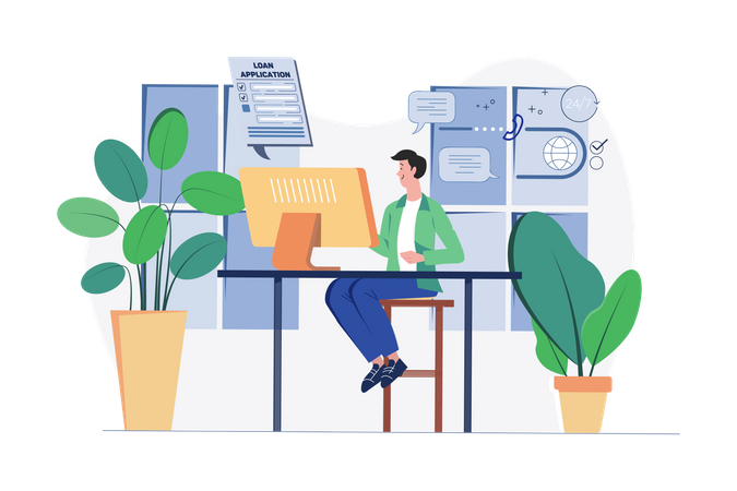 Mann beantragt mit einem Laptop einen Kredit  Illustration