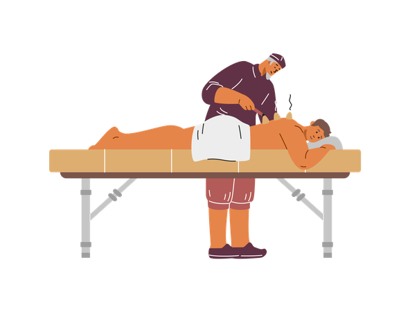 Mann bei einem Mesotherapie-Termin mit einem älteren Arzt für chinesische Medizin  Illustration