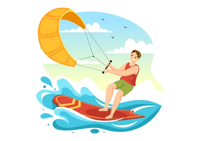 Kitesurfing Illustration Mit Kitesurfer Der Auf Einem Kiteboard Im Sommermeer Steht In Einer Flachen Handgezeichneten Vorlage Fur Extremwassersport Illustration
