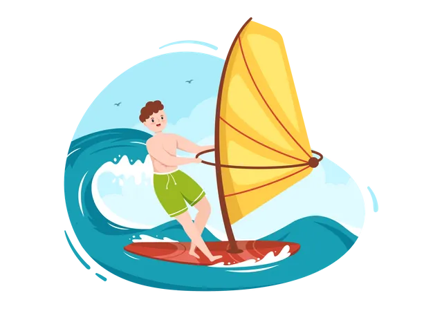 Sommer Windsurfen Oder Wassersportaktivitaten Cartoon Illustration Mit Ausritten Auf Den Rauschenden Wellen Oder Schwimmen Auf Einem Paddelbrett Im Flachen Stil Illustration