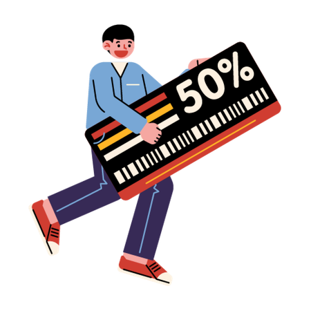 Mann bekam Coupon für 50 % Rabatt  Illustration