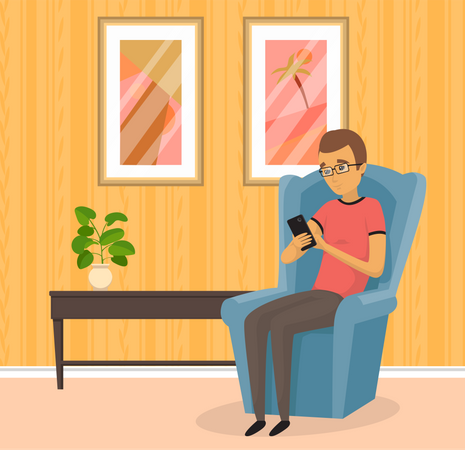 Mann benutzt Smartphone, während er auf der Couch sitzt  Illustration