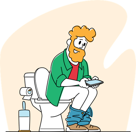 Mann benutzt Smartphone, während er auf der Toilette sitzt  Illustration
