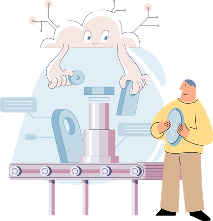 Mann beobachtet industrielles Förderband mit Roboterarbeit  Illustration