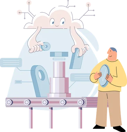 Mann beobachtet industrielles Förderband mit Roboterarbeit  Illustration