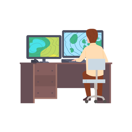 Mann beobachtet Wetterkarte auf Computerbildschirm am Schreibtisch  Illustration