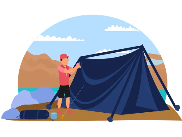Mann bereitet Campingzelt vor  Illustration