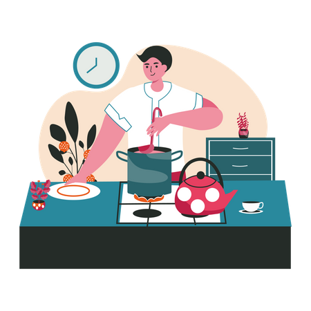 Mann bereitet in der Küche hausgemachtes Essen zu  Illustration