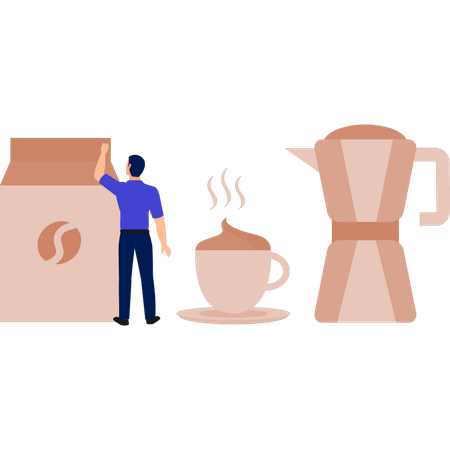 Mann berührt Kaffeebohnen-Paket  Illustration