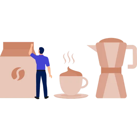 Mann berührt Kaffeebohnen-Paket  Illustration