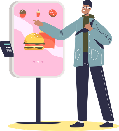 Mann bestellt Fastfood am Online-Kiosk  Illustration