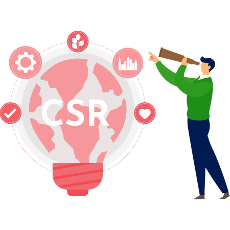 Mann betrachtet Glühbirne mit CSR-Idee durch Fernglas  Illustration