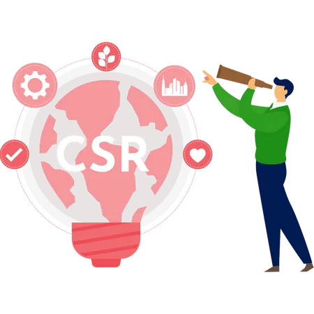 Mann betrachtet Glühbirne mit CSR-Idee durch Fernglas  Illustration