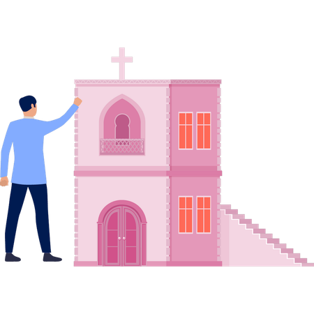 Mann, der das Gebäude der Kathedrale betrachtet  Illustration