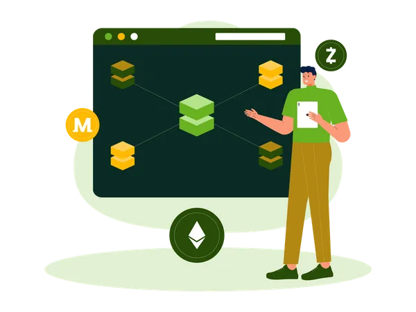 Mann betrachtet Monero-Blockchain-Technologie  Illustration