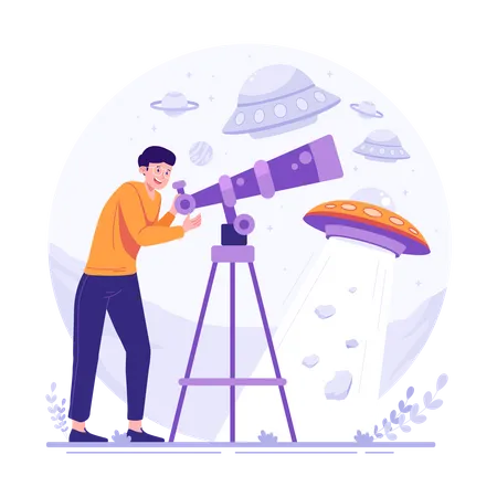 Mann betrachtet UFO mit Teleskop  Illustration