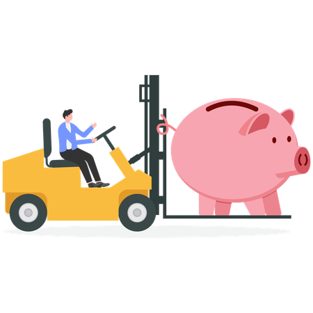 Mann bewegt Sparschwein mit Gabelstapler  Illustration