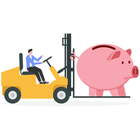 Mann bewegt Sparschwein mit Gabelstapler  Illustration