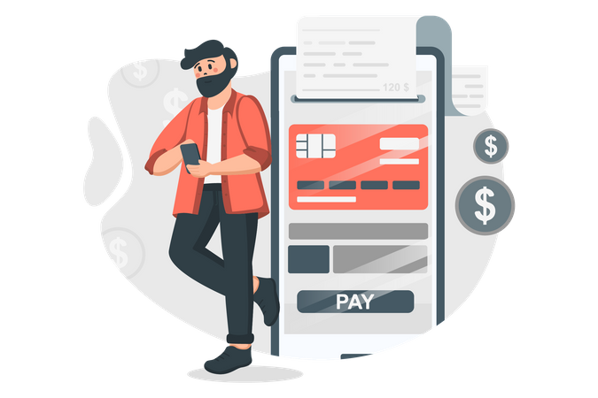 Mann bezahlt Kreditkartenrechnung mit Zahlungs-App  Illustration