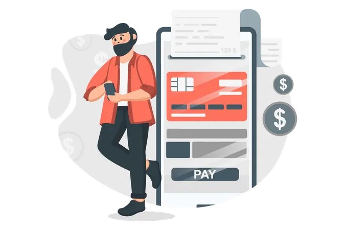 Mann bezahlt Kreditkartenrechnung mit Zahlungs-App  Illustration