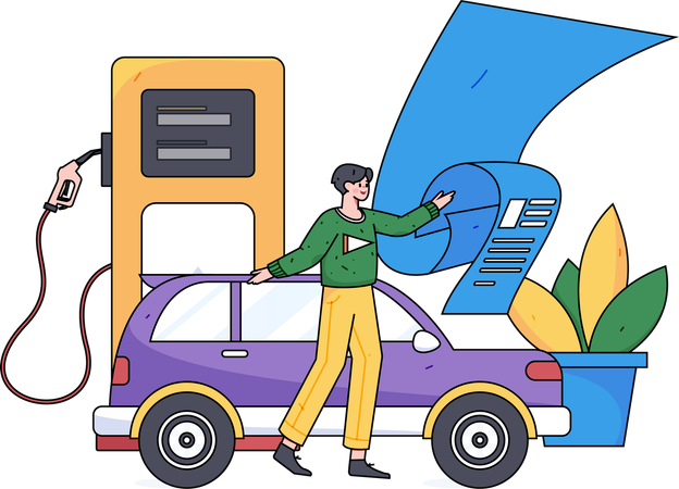 Mann bezahlt Treibstoffrechnungen an der Tankstelle  Illustration