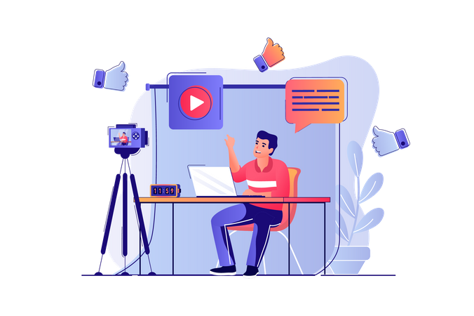Mann-Blogger nimmt neues Video vor der Kamera auf  Illustration