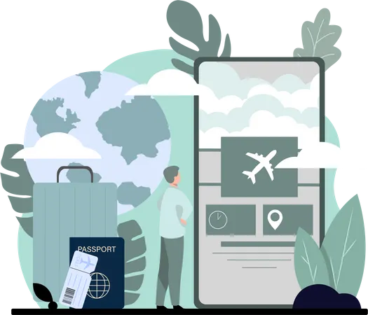 Mann bucht Flugticket auf dem Handy  Illustration