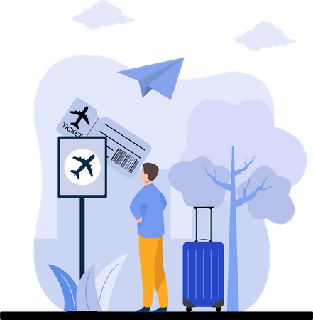 Mann bucht Flugticket auf dem Handy  Illustration