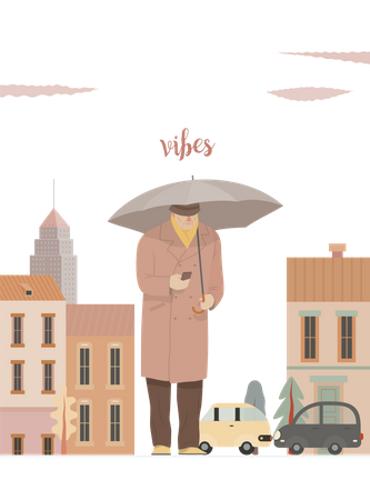 Mann chattet auf dem Handy, während er Regenschirm hält  Illustration