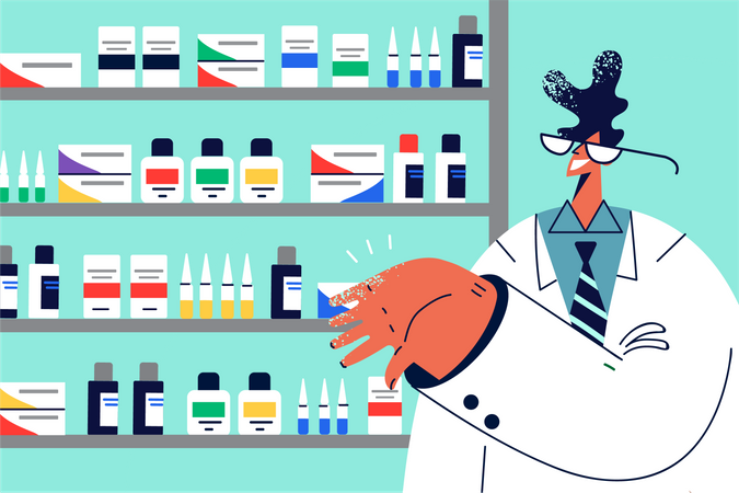 Mann Chemiker in Apotheke  Illustration