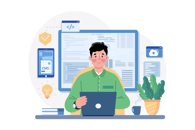 Mann, Coder, Programmierung, auf, computer  Illustration