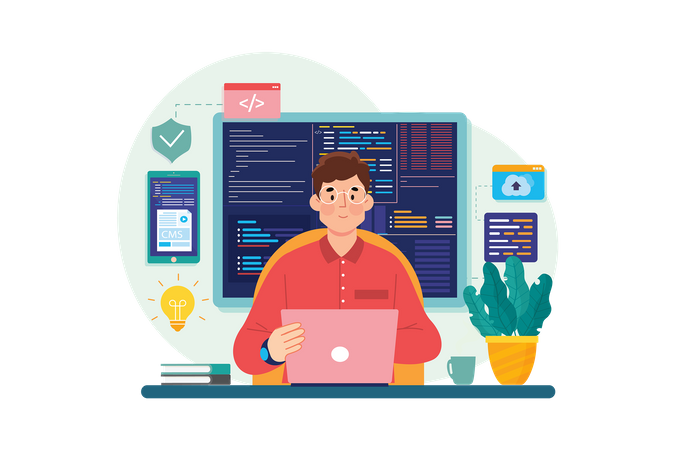 Mann, Coder, Programmierung, auf, computer  Illustration