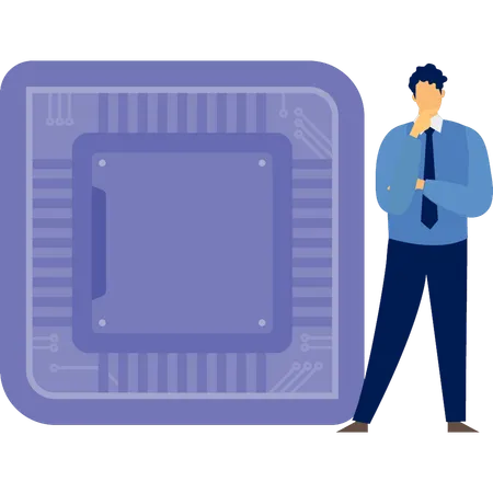 Mann denkt über Mikrochip nach  Illustration