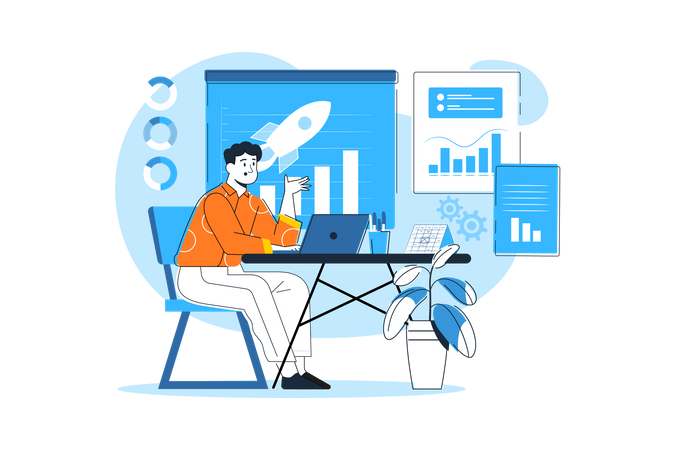 Mann, der an der Unternehmensgründung arbeitet  Illustration