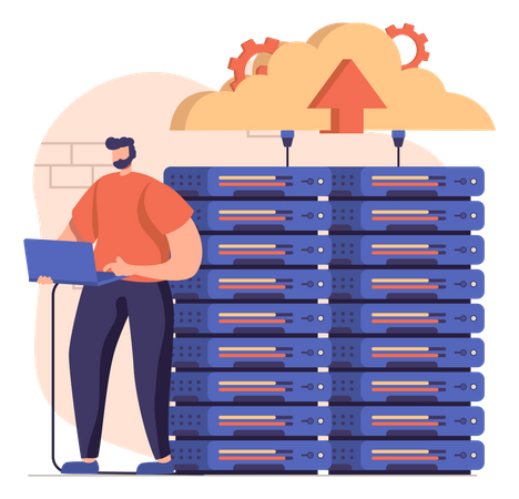 Mann, der die Cloud-Datenbank pflegt  Illustration