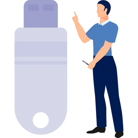 Mann diskutiert über USB-Daten  Illustration