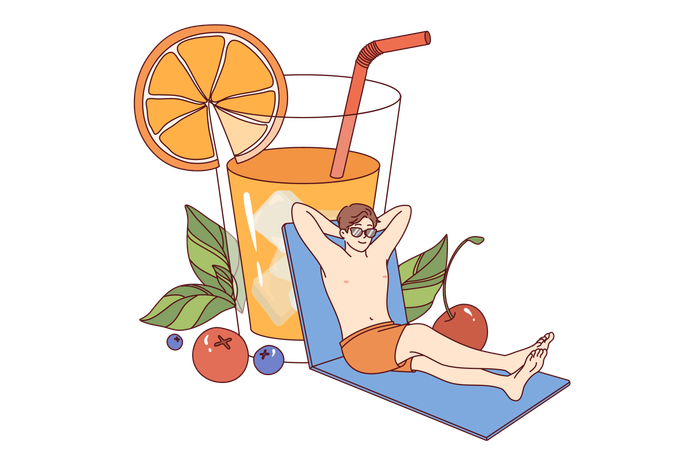 Mann entspannt am Strand und trinkt Orangensaft aus riesigem Glas und genießt sonniges Wetter  Illustration