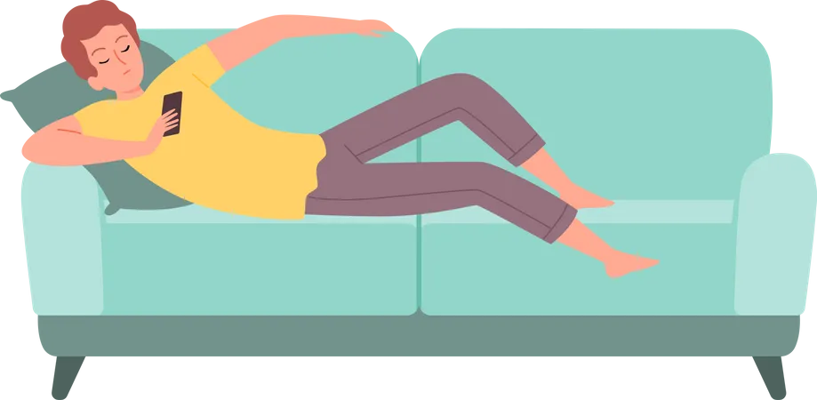 Mann entspannt sich auf dem Sofa und benutzt Handy  Illustration