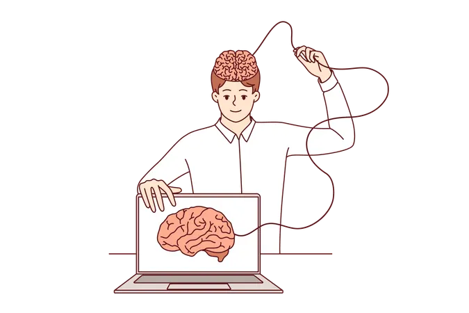Mann entwickelt künstliche Intelligenz und überträgt sein Gehirn ins Internet, während er neben seinem Laptop steht  Illustration