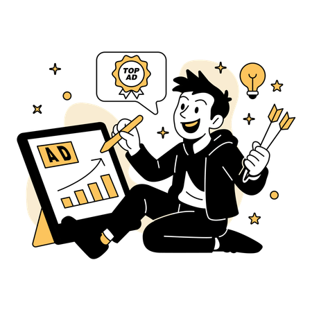 Mann entwirft Anzeigen auf riesigem Tablet  Illustration