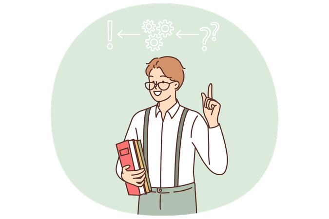 Der Erfinder erfand eine Lösung für das Problem und zeigte mit dem Finger auf Zahnräder mit Frage- und Ausrufezeichen  Illustration