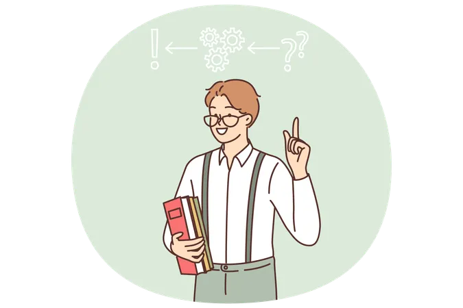 Der Erfinder erfand eine Lösung für das Problem und zeigte mit dem Finger auf Zahnräder mit Frage- und Ausrufezeichen  Illustration