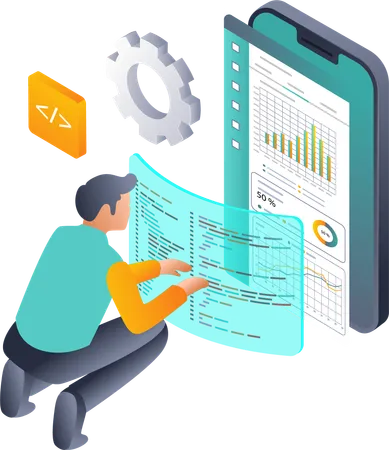 Mann erforscht Programmiersprachen für die Analyse technischer Daten  Illustration