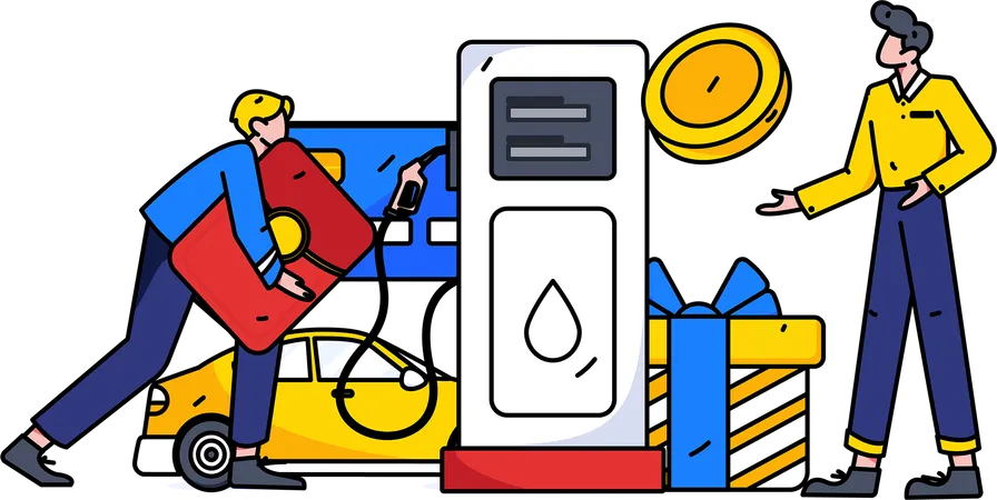 Mann erhält Belohnung für das Auftanken seines Autos an einer Tankstelle  Illustration